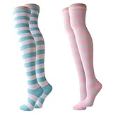 [OLYOLY] しましま ニーハイ ソックス 靴下 ニーソク アニコス 美少女 萌え コスプレ 衣装 着ぐるみ ルーズソックス ボーダー レディース ストッキング (01 青/桃2色セット)