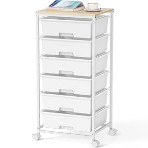 Rolling Storage Cart with Drawers,Utility Cart with 6 Large Drawers and Wooden Tabletop,Craft Storage Cart with Lockable Wheels for Bedroom, Office, Classroom, Kids’Room, Living Room (White)
