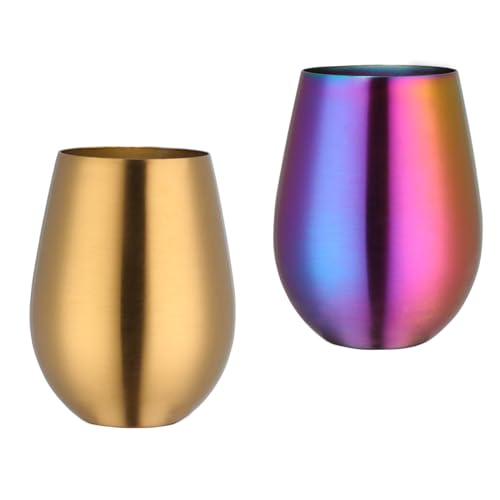Buyer Star 304 Stainless Steel Wine Glasses Set of 2 - Large 17 oz Outdoor Stemless Wine Tumblers - 100% Unbreakable & Stemless Metal Drinking Cups for Home and Outdoors Dishwasher safe (Gold&Rainbow)