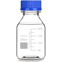 Labasics Round Media Storage Bottles with GL45 Blue Screw Cap, Glass Clear Wide Mouth Graduated Round Reagent Media Storage Lab Glass Bottle, 250 ml