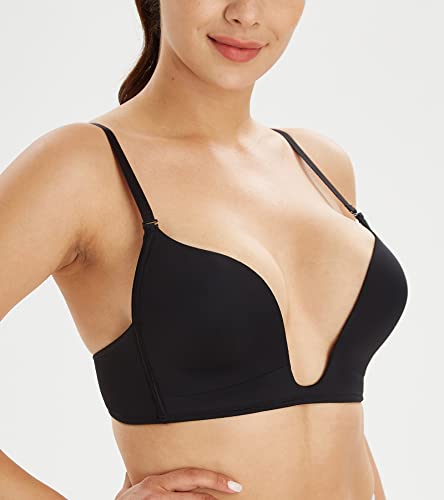 Lemorosy Women's Deep V Plunge Red Carpet Convertible Push Up Bra -Low Cut Sexy U Shaped With Light Padded(32C, Black) #TOP4