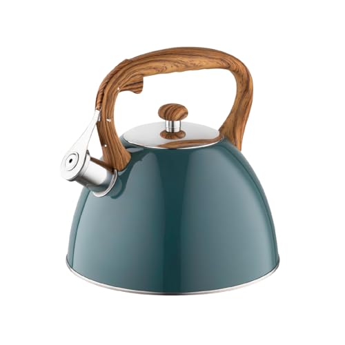 Tetera FLORINA (2,5 l) | Tetera de Acero Inoxidable FRANK | Tetera Flauta Mango de Madera | Silbato Automático | Para Estufa de Inducción, Estufa de Gas y Estufa Eléctrica | Color: verde oscuro mate