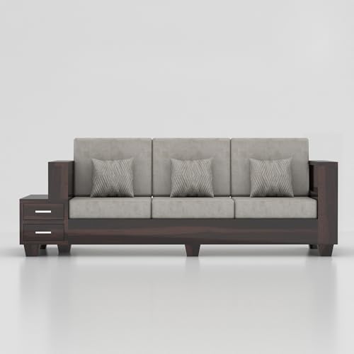 Image of Sheesham Wooden 3 Seater Sofa for Living Room | Solid Wood Sofa with Side Box Storage & Cushion | Rosewood Sofa Set for Home & Office | Lounge (Walnut, 3 Seater)