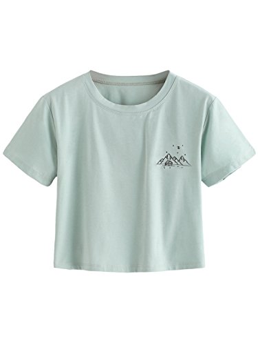 Makemechic Women's Letter Print Crop Tops Casual Short Sleeve Tees A Mint L #TOP9