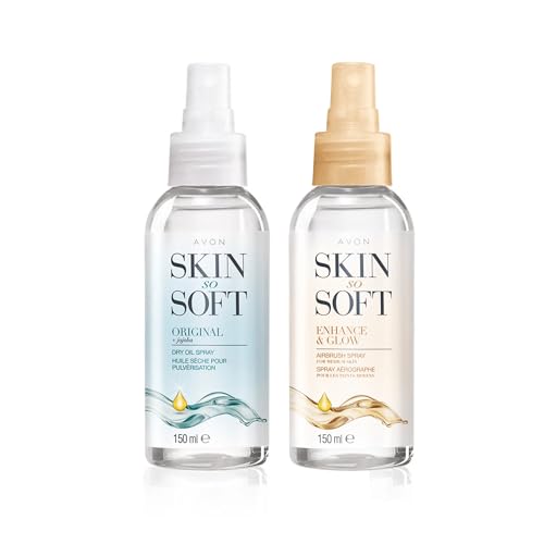 Avon Skin So Soft Original Dry Oil Spray + Enhance and Glow Airbrush Tanning Spray 150ml Duo Sun Kissed Glow Formulated with Jojoba Oil and Vitamin E Quick Dry Formula Cruelty Free