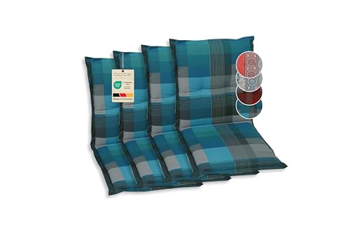 GO-DE Textil Bequeme und attraktive Polsterauflagen für Niederlehner-Gartenstühle (4er-Set Karo Petrol Niederlehner)