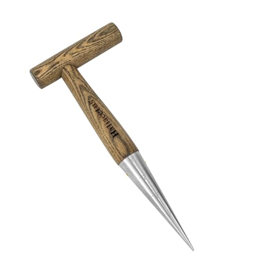 Haliaeetus Dibbler Gardening Tool with 5'' Measuring Scale, Easy to Grip L-Shaped Wood Handle Dibbler, Stamped Stainless Steel Tip Seed Dibber, 11.3'' Dibber for Sowing Seeds and Planting Seedlings