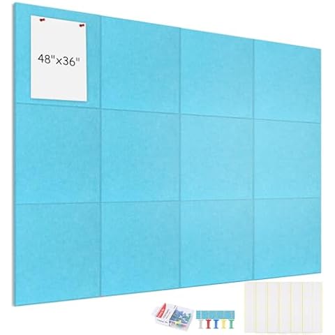 Large Cork Board Alternative - 48"x36" 12 Pack Felt Wall Tiles with Safe Removable Adhesive Tabs, Cork Wall Tiles Cork Board for Home Office Pin Board Tack Board, 50 Pushpins (Sky Blue) Cover