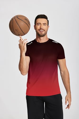 PINSPARK Koszulka sportowa męska z krótkim rękawem, szybkoschnąca, oddychająca koszulka do biegania, lekka koszulka funkcyjna, gradient kolorów, na siłownię, czerwony, L