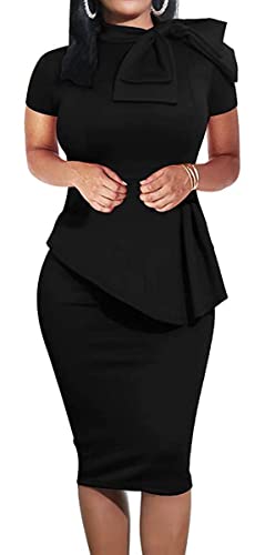 HipGlamp Women's Fashion Peplum Bodycon Dresses Short Sleeve Bow Club Ruffle Pencil Party Dress