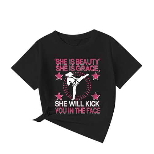 Cayxatiu Girls Graphic Tees Cute Karate Kid Shirt Martial Arts T-Shirt Girl Summer Preppy Shirts for Girls Karate Gifts(Black 140)