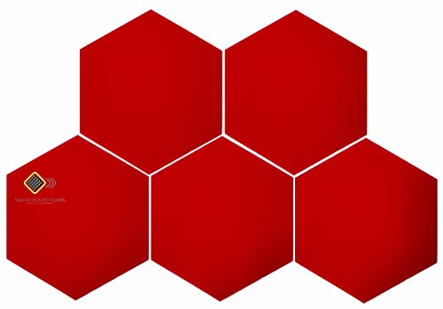 Image of YGM Acoustic Foams Professional Hexagon Acoustic Foam Panels, Absorption Panel, 12 X 12 X 1 inch High Density Edge Wall Tiles for Acoustic Treatment (Red, Set of 5)