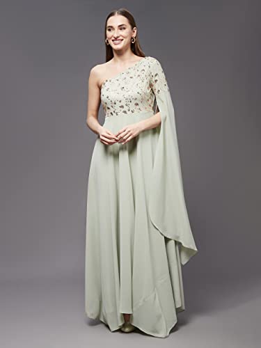Image of Miss Chase Women's Dusty Green and Golden Solid Embellished Asymmetric Maxi Dress