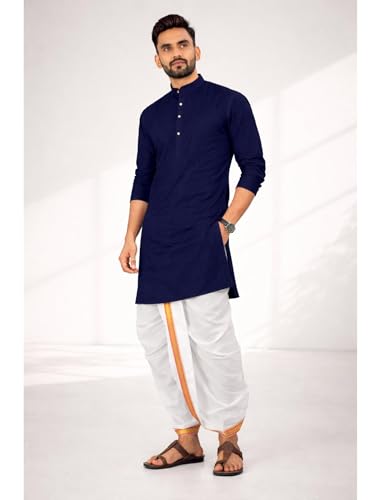 Image of UNIQUE MOMENTS Men's Cotton Dhoti Kurta Set with Full Sleeves Solid Pattern Modern Style and Mandarin Collar Neck | Perfect for Puja & Celebrations