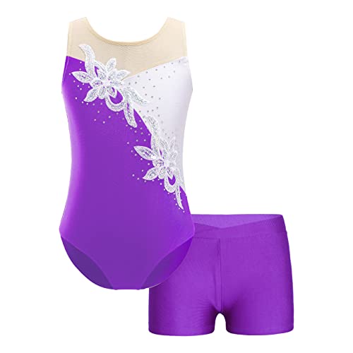 dPois Maillot de Ballet Danza Niña sin Mangas Metálico Brillante Leotardo Gimnasia Ritmica con Pantalones Cortos Cintura Body de Danza Baile B Morado 13-14 años Cover