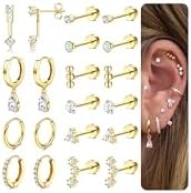 MILACOLATO Hypoallergenic Flat Back Earrings Gold Cartilage Earring Sets for Multiple Piercing 20G Surgical Stainless Steel Earrings for Women Trendy Earring Stacks Small Hoop Flatback Stud Earrings