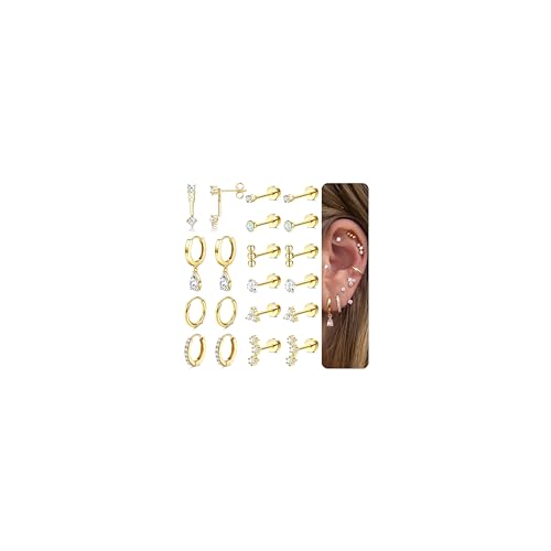 MILACOLATO Hypoallergenic Flat Back Earrings 14K Gold Plated Cartilage Earring Sets for Multiple Piercing 20G Surgical Stainless Steel Earrings for Women Trendy Earring Stacks Small Hoop Flatback Stud Earrings G
