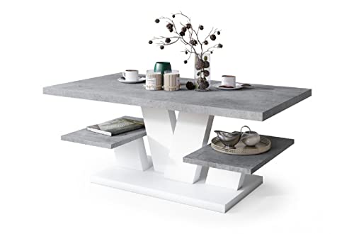 All4All Couchtisch Valerio - Wohnzimmertisch - Kaffeetisch – Tisch mit Ablagen - Esszimmertisch - Coffee Table - 110x60cm - 05 - Beton + Weiß
