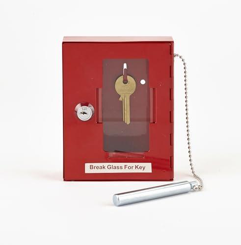 safes uk Emergency Key Cabinet with Glass Breaker Hammer | Wall Mounted Lockable Metal Box | Cylinder Lock with 2 Keys | Durable Fire Alarm Red Keybox l 1 Item