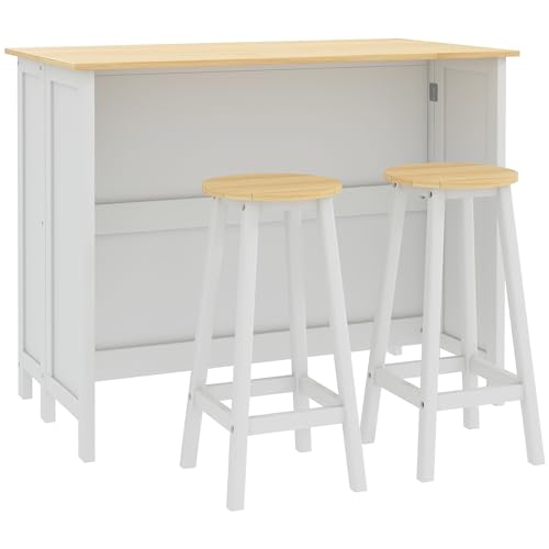 HOMCOM îlot Central de Cuisine avec 2 tabourets, Ensemble Table et Tabouret de Bar, avec 2 armoires, Rangement et Plan de Travail Rabattable, 4 Portes, Design...