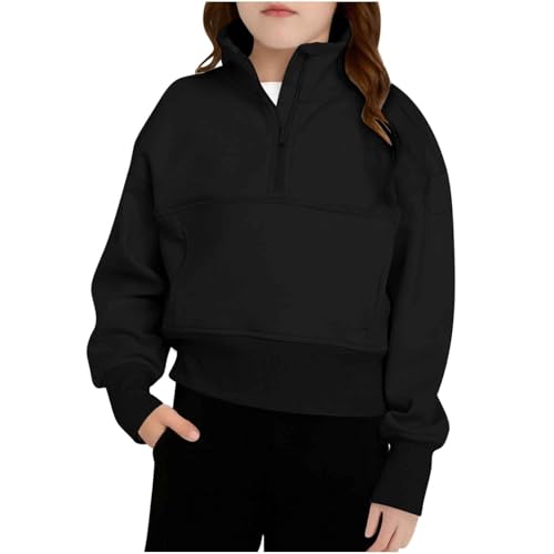 DDAPJ pyju Half Zip Pullover Sweatshirts Girls Fall Winter Long Sleeve Fleece Sweatshirt Stand Collar Crop Tops with Pockets