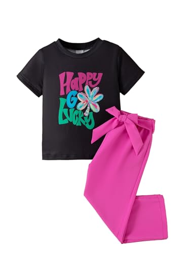Image of Kids Toddler Girl Clothes Letter Print Graphic Top and Belted Pants 2PC Summer Clothing Set