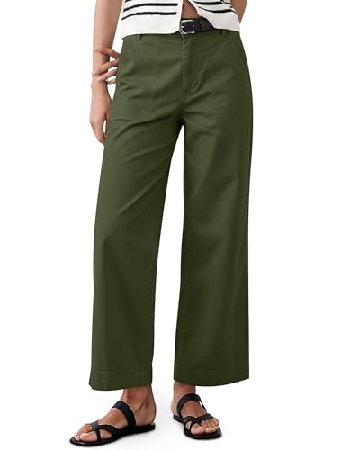 Eddoyee Womens Wide Leg Ankle Pants, High Waisted Straight Leg Stretch Casual Elastic Waist Cropped Pants Army Green