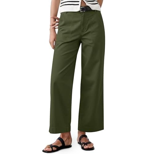Eddoyee Womens Wide Leg Ankle Pants, High Waisted Straight Leg Stretch Casual Elastic Waist Cropped Pants Army Green Medium