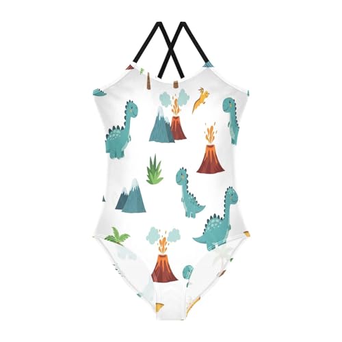Cute Cartoon Dinosaurs White Girls Swim Suit with Adjustable Shoulder Strap, Beach Swimwear, 3-10