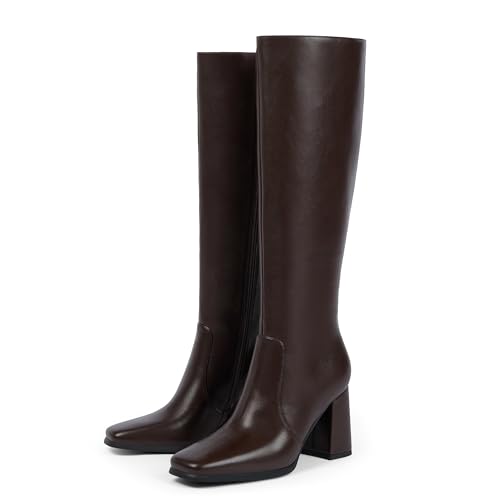 Image of Modatope Knee High Boots Women Chunky Heel Square Toe Fashion Tall Boots | Side Zipper pu Leather Tall Boots,Chunky Heel 70s Gogo Boots,Fashion Heeled Fall Winter Boots,Long Dressy Boots for Women