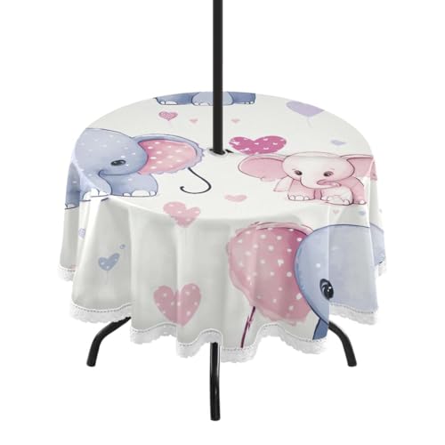 Wajiw 60 Inch Indoor Outdoor Round Tablecloth with Umbrella Hole and Zipper Waterproof Patio Table Cover for Camping Dining Room Party Outdoor Picnic,Elephants