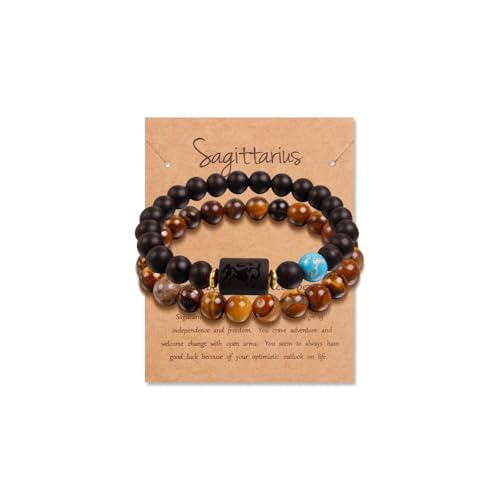 Zodiac Bracelets for Women 2Pcs 8MM Handmade Natural Stone Sagittarius Zodiac Stack Bracelets Tiger Eye Blue Birthstones Protection Crystal Spiritual Healing Bracelet Gifts for Niece Granddaughter