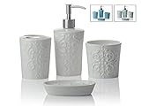 Designer 4-Piece Ceramic Bath Accessory Set | Includes Liquid Soap or Lotion Dispenser w/ Toothbrush Holder, Tumbler, Soap Dish | Vintage Damask | Alpine White