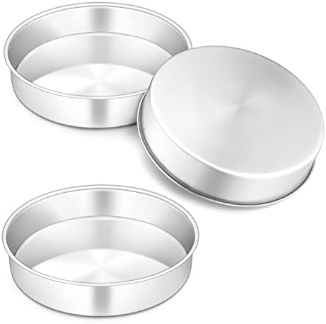 Herogo 8 Inch Round Cake Pan Set of 3, Stainless Steel Nonstick Layer Tier Birthday Wedding Cake Pans, Fit Oven Pots Pressure Cooker, Mirror Finish, Dishwasher Safe