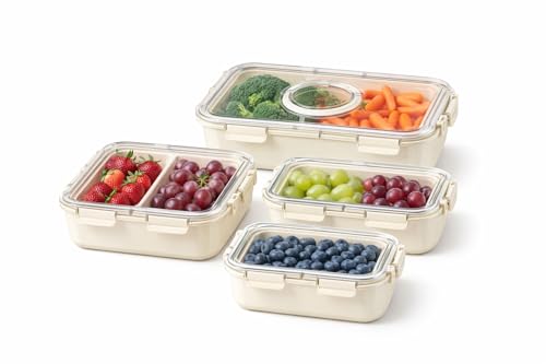 Image of Vasukie Divided Fridge Storage Boxes With 4 Serving Veggie Tray with Lid and Handle, Fridge Organizer with Removable 4 Compartment, Fridge Storage Containers (4PC Combo)