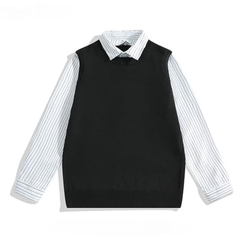 Men Women College Style Knit Sweater Striped Fake Two Piece Lapel Casual Loose Pullover2