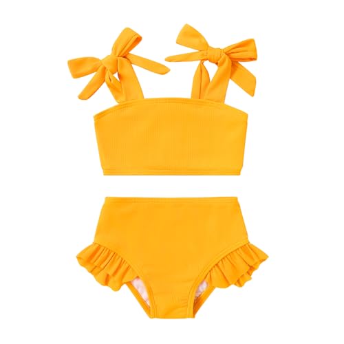 YOUNGER TREE Toddler Baby Girls Swimsuit Two Piece Solid Color Stripe Swimwear Summer Beach Bikini Bathing Suit 18M-6T(Yellow 3-4T)