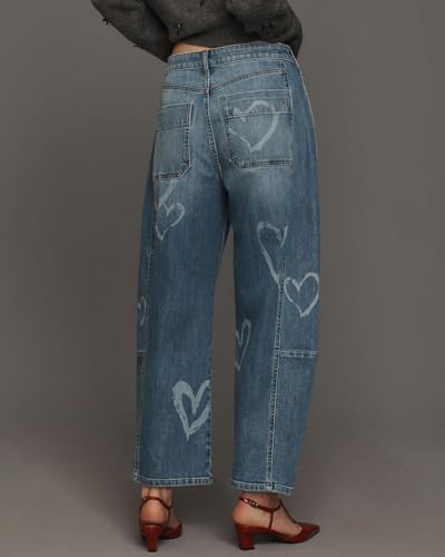 Women's Heart Barrel Jeans Wide Leg Tapered Jeans Baggy Demin Pants with Pockets3