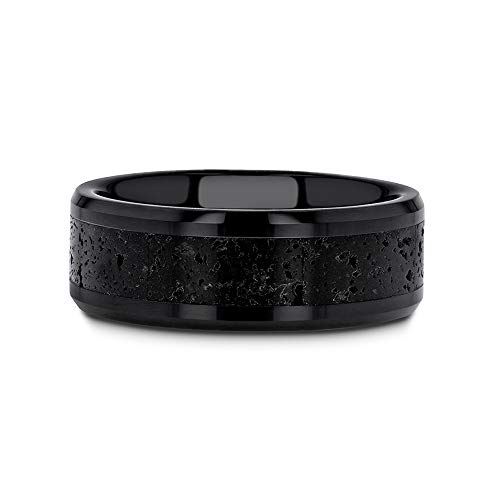 Thorsten Vesuvius Men's Black Ceramic Wedding Ring Band With Black & Gray Lava Rock Stone Inlay & Polished Beveled Edges - 8Mm #TOP2