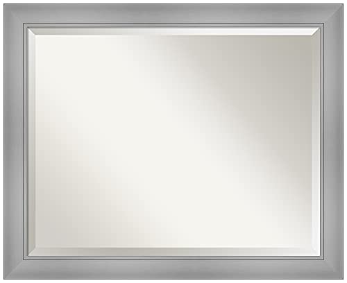 Amanti Art Silver Wall Mirror 26x32 Flair Polished Nickel Rectangle Bathroom Mirror for Wall Decor Living Room, Large Casual Frame, Hangs Horizonally and Vertically, Bathroom Decor, Beveled Edge