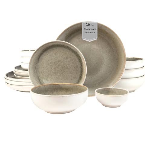 Sango Resona Moss 16-Piece Green Dinnerware Set – Service for 4, Plate & Bowl Set, Durable Stoneware with Reactive Glaze Finish, for Everyday Dining & Entertainment, Microwave & Dishwasher Safe Sango Resona Moss 16-Piece Green Dinnerware Set – Service for 4, Plate & Bowl Set, Durable Stoneware with Reactive Glaze Finish, for Everyday Dining & Entertainment, Microwave & Dishwasher Safe