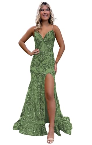 Image of RSOETOO Sparkly Sequin Prom Dresses 2026 with Slit Lace Mermaid Formal Evening Gowns for Women RON058