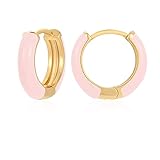 Lourny Small Hoop Earrings for Women, 18K Gold Plated Hypoallergenic Cute Enamel Huggie Earring Gifts for Girls (Light Pink)