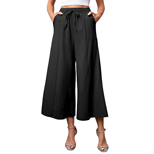YOLAI Women Linen Palazzo Pants Wide Leg Drawstring Casual Trousers Loose Crop Elastic Waist Beach Pants with Pockets (Black, XXL)
