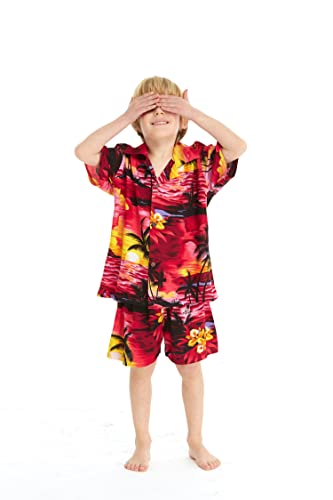Image of Hawaii Hangover Family Matching Hawaiian Clothes, Sunset Red | Family matching Hawaiian outfits, Sunset Red, lightweight rayon, machine washable, tropical floral print, luaus, cruises