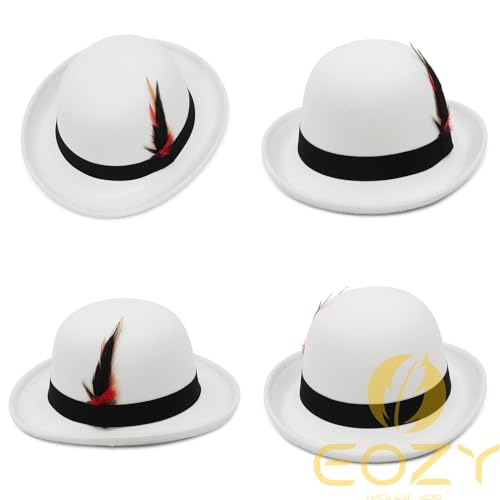 EOZY Bowler Hüte für Männer Frauen Vintage Derby Fedora Hut Roll Krempe abnehmbare Feder Party Kostüm Hut Weiß