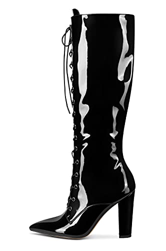 Castamere Womens Mid Calf Chunky Block Heel Boots Pointed Toe Lace Up Boot with Zipper 10CM Heels2