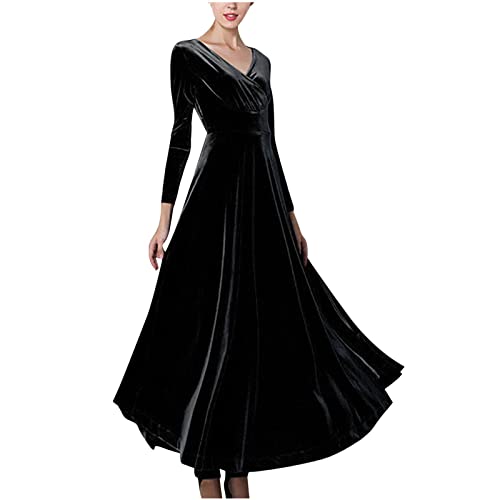 Vestido feminino com corpete preto para outono inverno roupas de manga comprida gola V veludo casual