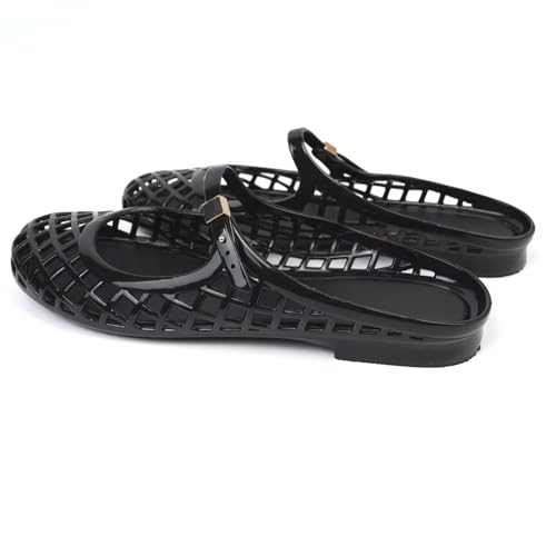 Image of Jelly Mesh Ballet Flats for Women Clear Hollow Jelly Shoes Sandals Round Toe Non-Slip Beach Ballerina Jellies Flats Shoes