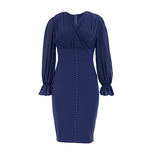 Kmimimei Women's Work Pencil Dress Mesh Long Sleeve Wedding Guest Office Midi Dresses Blue #TOP18